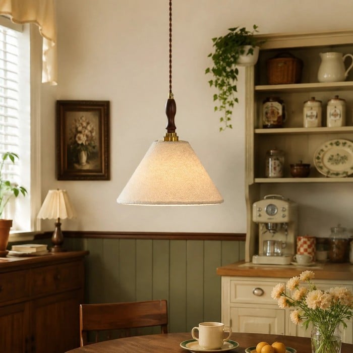 Fransk vintage krämfärgad tyghänglampa HL3714