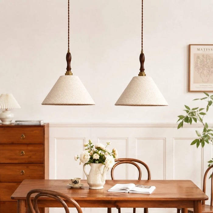 Fransk vintage krämfärgad tyghänglampa HL3714