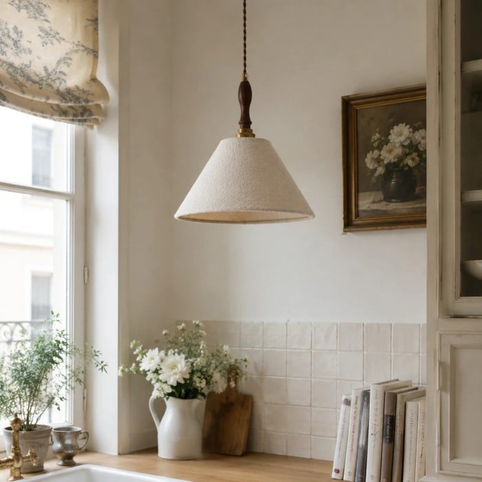 Fransk vintage krämfärgad tyghänglampa HL3714