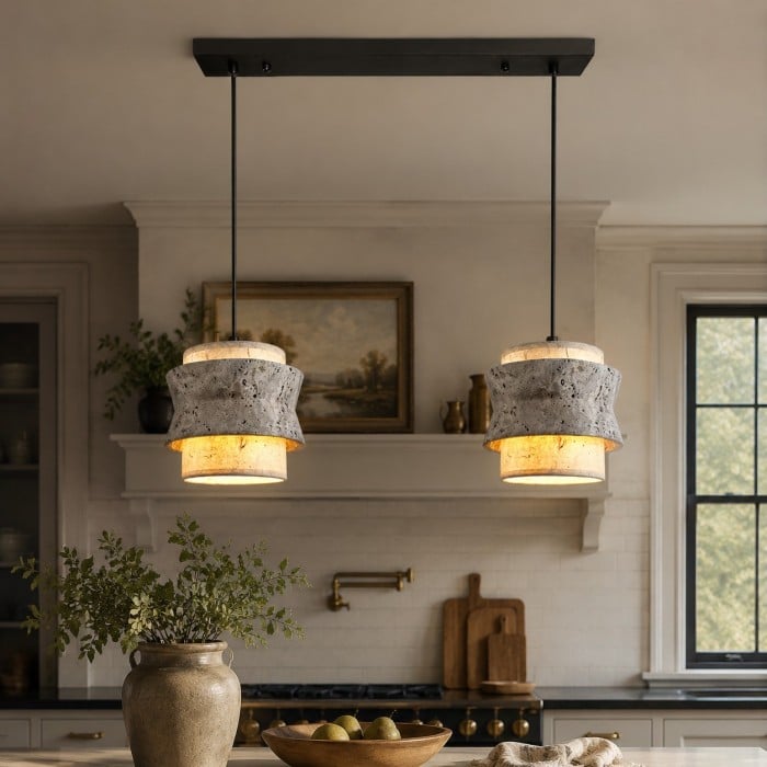 Lámpara colgante de piedra travertino gris - Lámpara vintage para isla de cocina y comedor HL3677