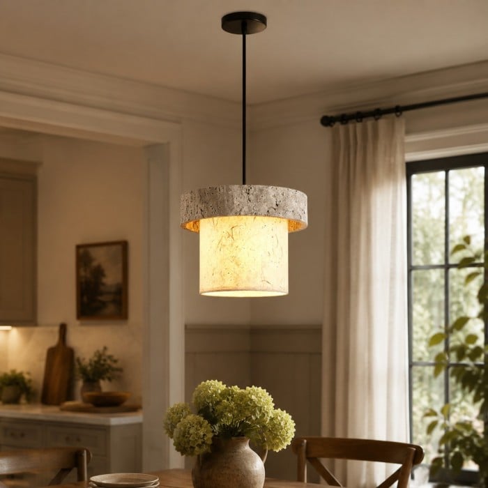 Lámpara colgante de piedra travertino gris - Lámpara vintage para isla de cocina y comedor HL3677