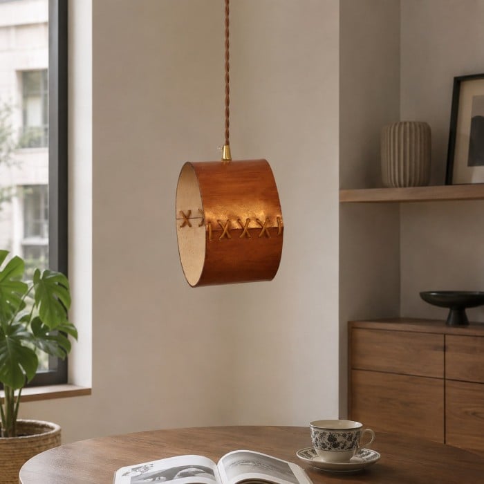 Lámpara colgante cilíndrica de cuero trenzado a mano para mesita de noche, pasillo y bar HL3756