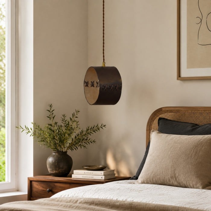 Lámpara colgante cilíndrica de cuero trenzado a mano para mesita de noche, pasillo y bar HL3756