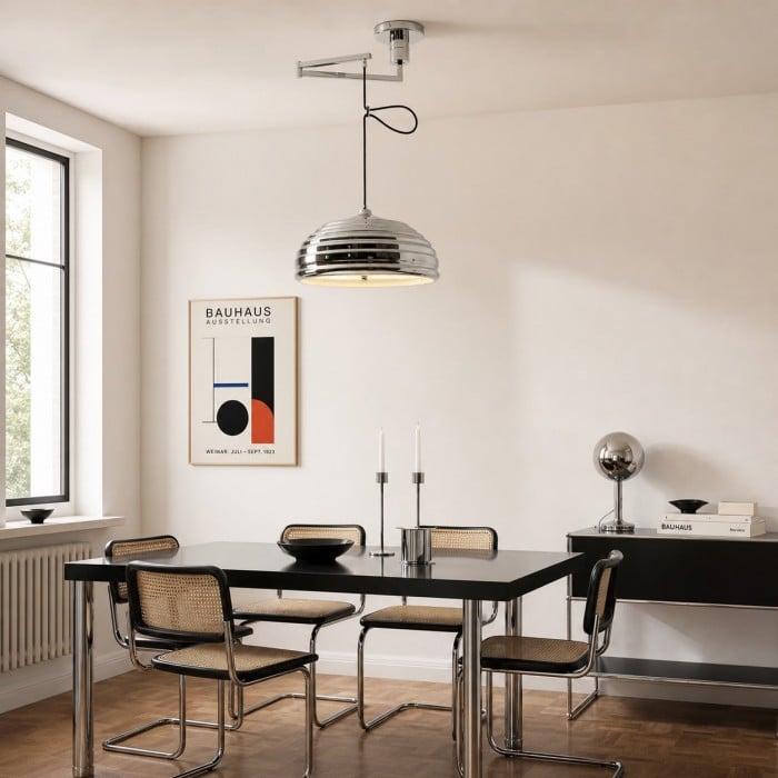 Lampa wisząca z regulowanym ramieniem w stylu industrialnym Bauhaus w polerowanym chromie HL3858