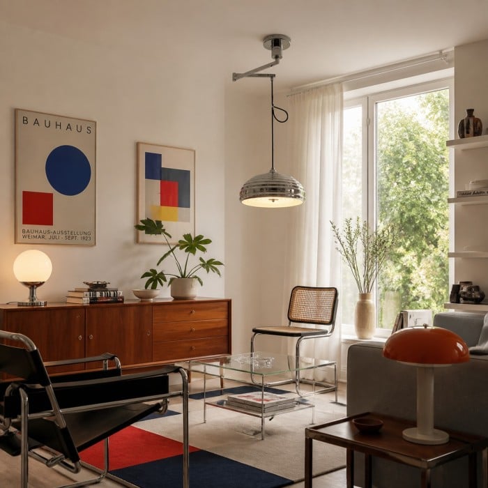 Lampa wisząca z regulowanym ramieniem w stylu industrialnym Bauhaus w polerowanym chromie HL3858