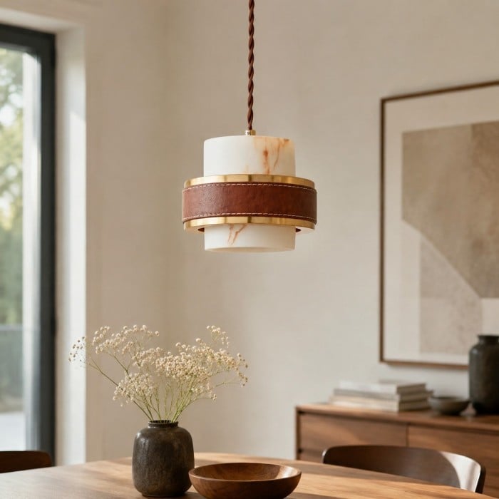 Suspension en cuir et albâtre au charme vintage français HL3776