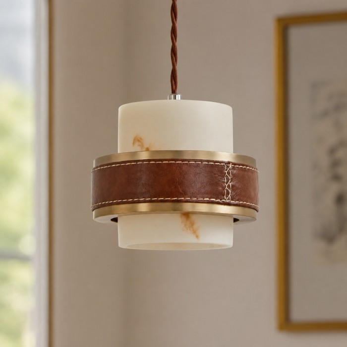 Suspension en cuir et albâtre au charme vintage français HL3776