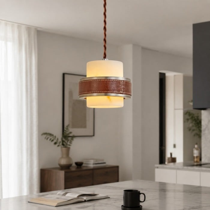 Suspension en cuir et albâtre au charme vintage français HL3776