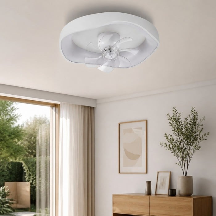 Ventilatore da soffitto moderno a basso profilo in acrilico con luce integrata, ideale per camere da letto (HL3764)
