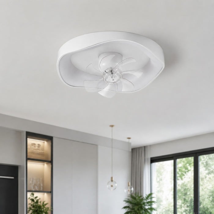 Ventilatore da soffitto moderno a basso profilo in acrilico con luce integrata, ideale per camere da letto (HL3764)