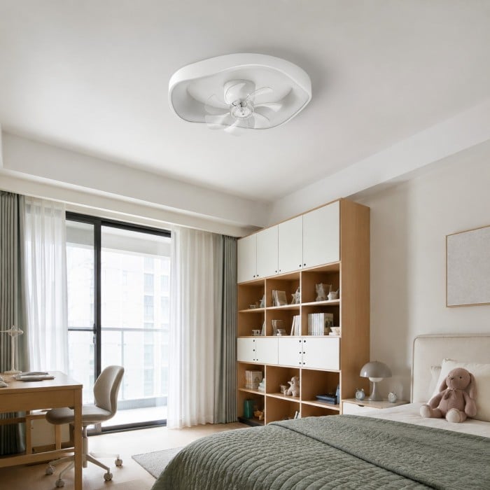 Ventilatore da soffitto moderno a basso profilo in acrilico con luce integrata, ideale per camere da letto (HL3764)