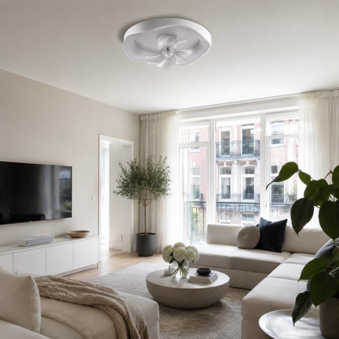 Ventilatore da soffitto moderno a basso profilo in acrilico con luce integrata, ideale per camere da letto (HL3764)
