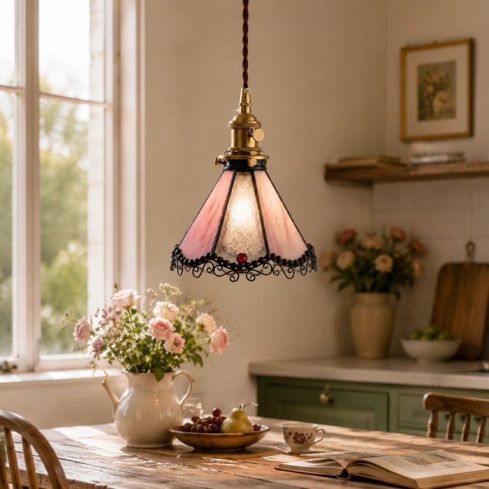 Meerkleurige hanglamp van gebrandschilderd glas HL3798
