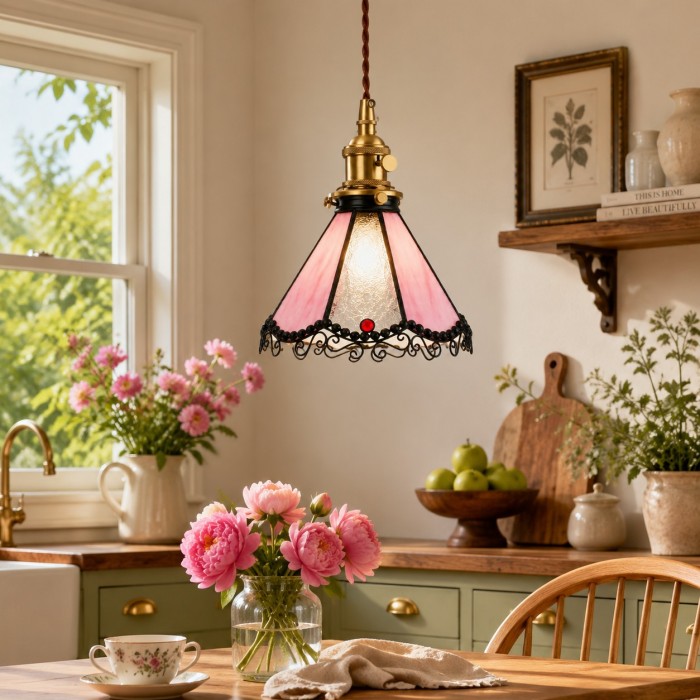 Meerkleurige hanglamp van gebrandschilderd glas HL3798