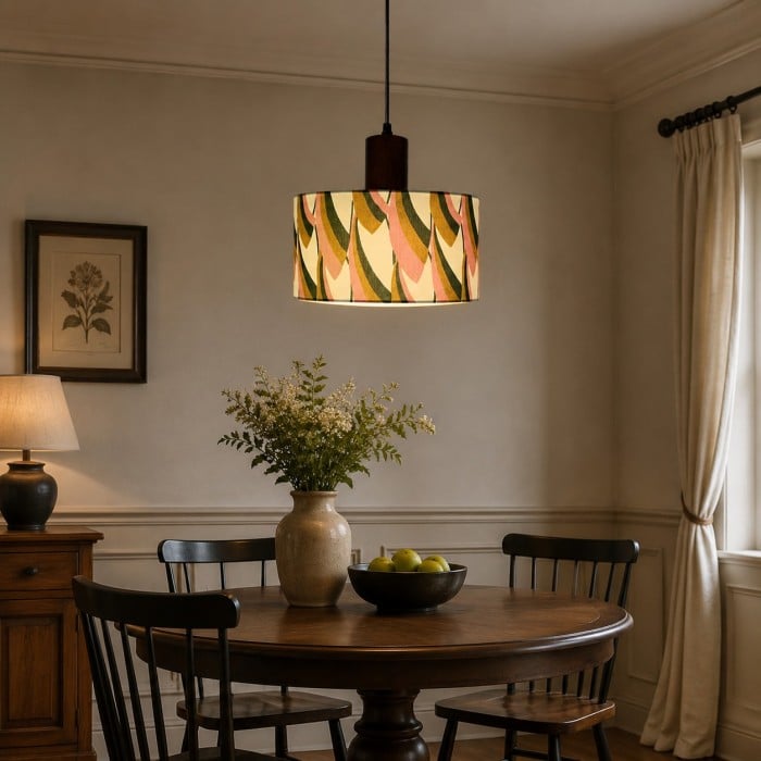 Printed Fabric Drum Pendant Light with Walnut Wood Holder HL4017