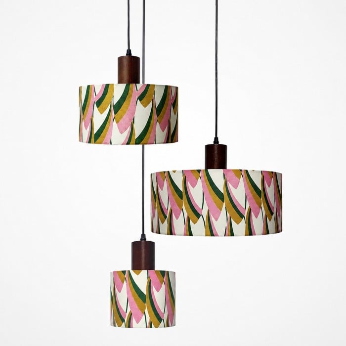 Printed Fabric Drum Pendant Light with Walnut Wood Holder HL4017