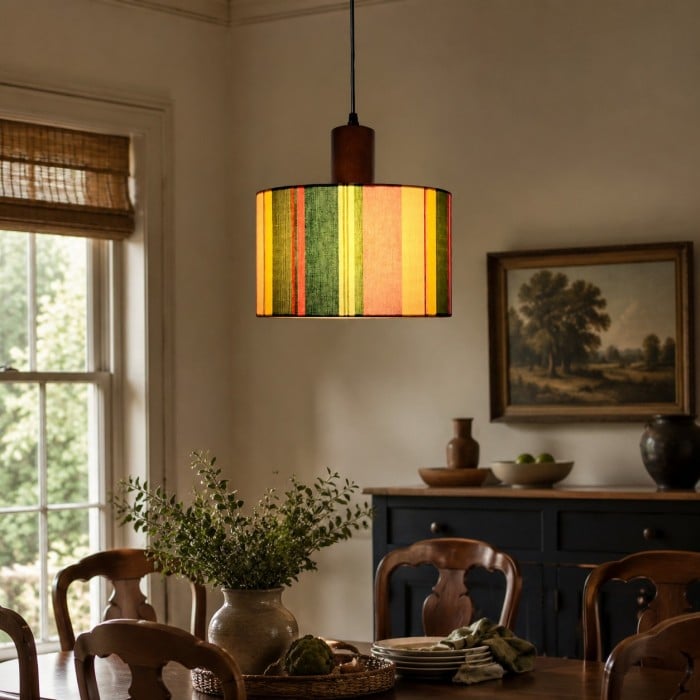 Printed Fabric Drum Pendant Light with Walnut Wood Holder HL4017