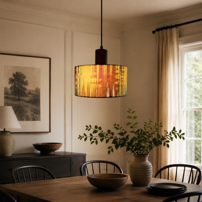 Printed Fabric Drum Pendant Light with Walnut Wood Holder HL4017