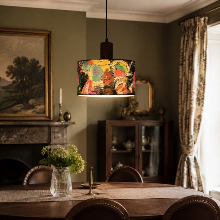 Printed Fabric Drum Pendant Light with Walnut Wood Holder HL4017