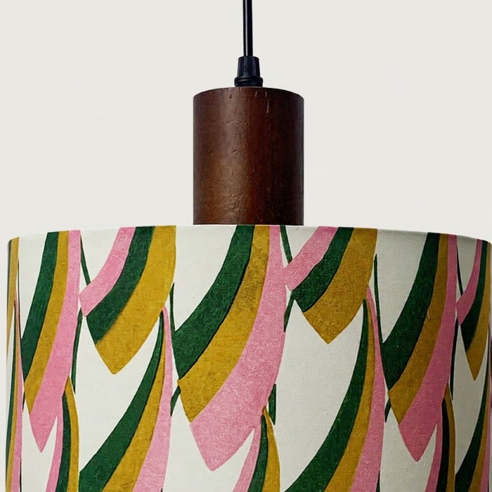Printed Fabric Drum Pendant Light with Walnut Wood Holder HL4017
