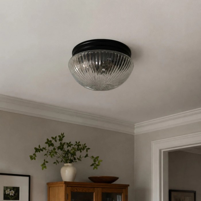 Plafondlamp HL4002 met geribbeld of opaalglas, vlak gemonteerd