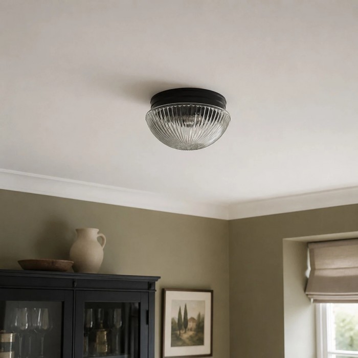 Plafondlamp HL4002 met geribbeld of opaalglas, vlak gemonteerd