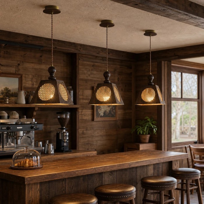 Rustieke geweven hanglamp, donkerhouten plafondlamp voor keukeneiland, bar, hal en studeerkamer HL3937