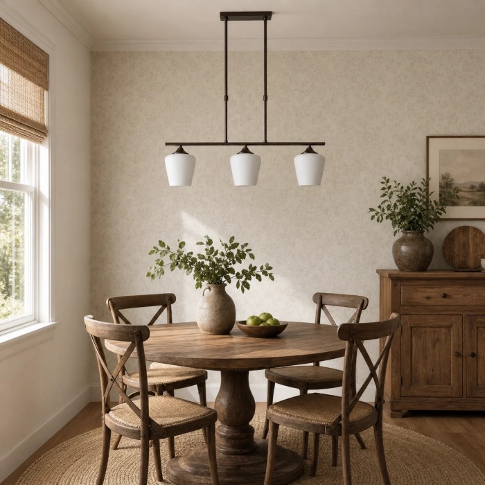 Strellux Linear-Kronleuchter mit weißen Opalglasschirmen – Kaffeebrauner rustikaler Stil für Esszimmer HL4056