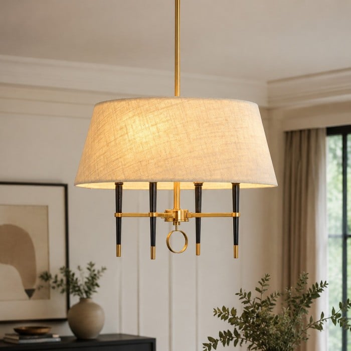 Żyrandol Tela Drum Shade z abażurem materiałowym i mosiężną ramą – metalowy styl przejściowy do salonów HL3906
