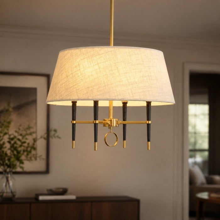 Żyrandol Tela Drum Shade z abażurem materiałowym i mosiężną ramą – metalowy styl przejściowy do salonów HL3906