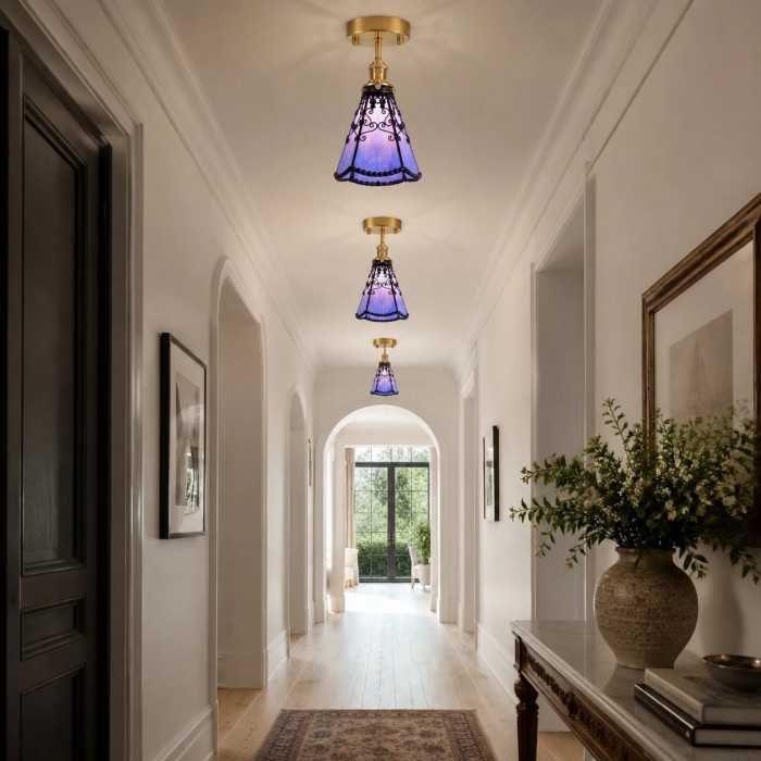 Plafondlamp in Tiffany-stijl met paars gebrandschilderd glas, halfverzonken montage HL3632