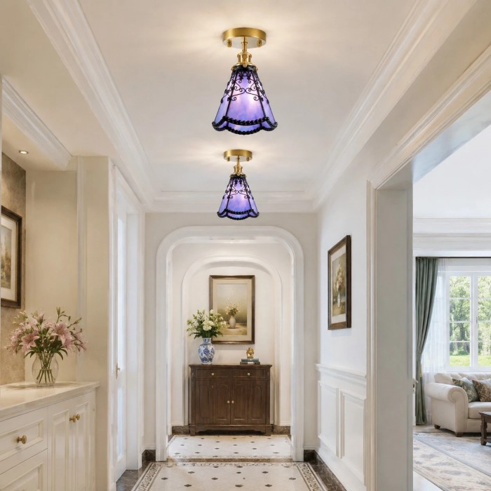 Plafondlamp in Tiffany-stijl met paars gebrandschilderd glas, halfverzonken montage HL3632