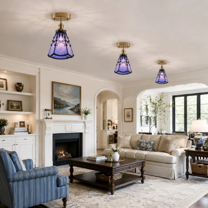 Plafondlamp in Tiffany-stijl met paars gebrandschilderd glas, halfverzonken montage HL3632