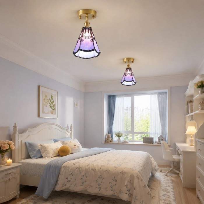 Plafondlamp in Tiffany-stijl met paars gebrandschilderd glas, halfverzonken montage HL3632