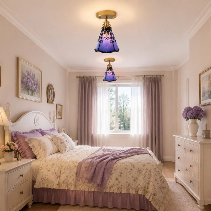 Plafondlamp in Tiffany-stijl met paars gebrandschilderd glas, halfverzonken montage HL3632
