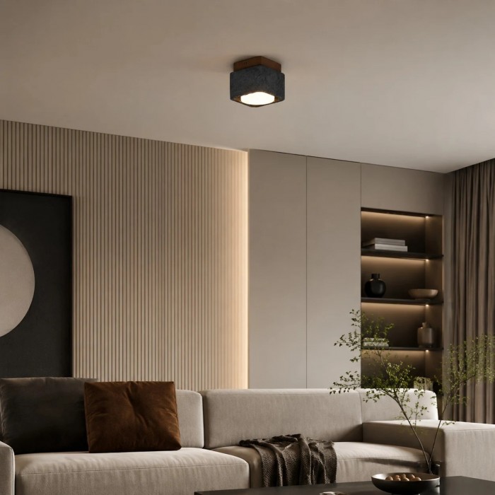 Vierkante plafondlamp van travertijn met houten plafondplaat HL3713