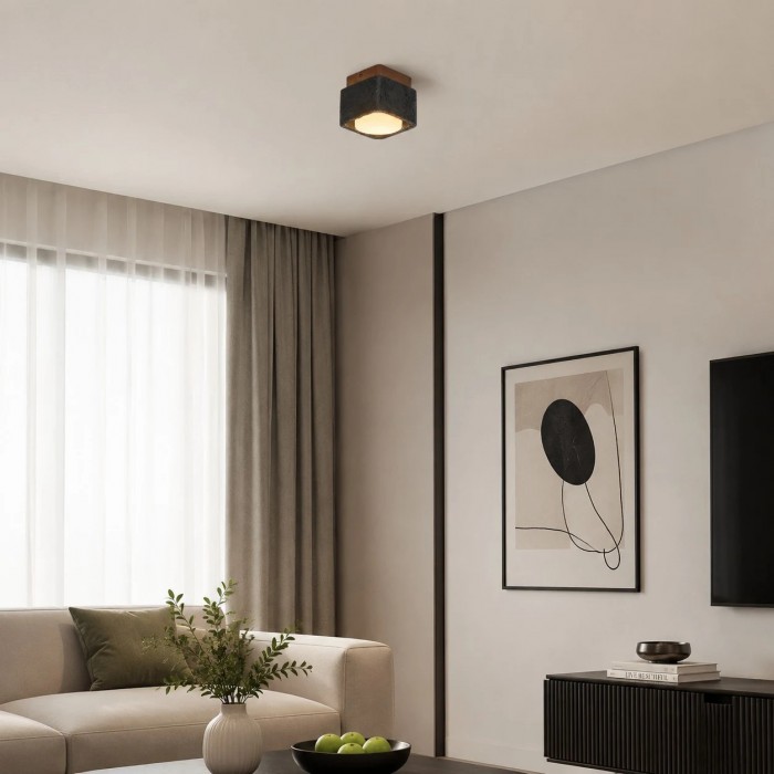 Vierkante plafondlamp van travertijn met houten plafondplaat HL3713