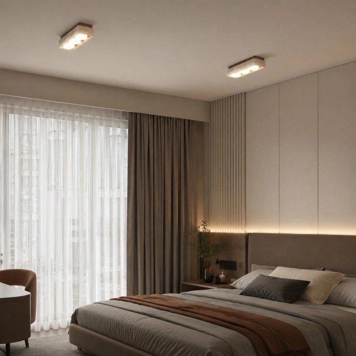 Vierkante plafondlamp van travertijn met houten plafondplaat HL3713