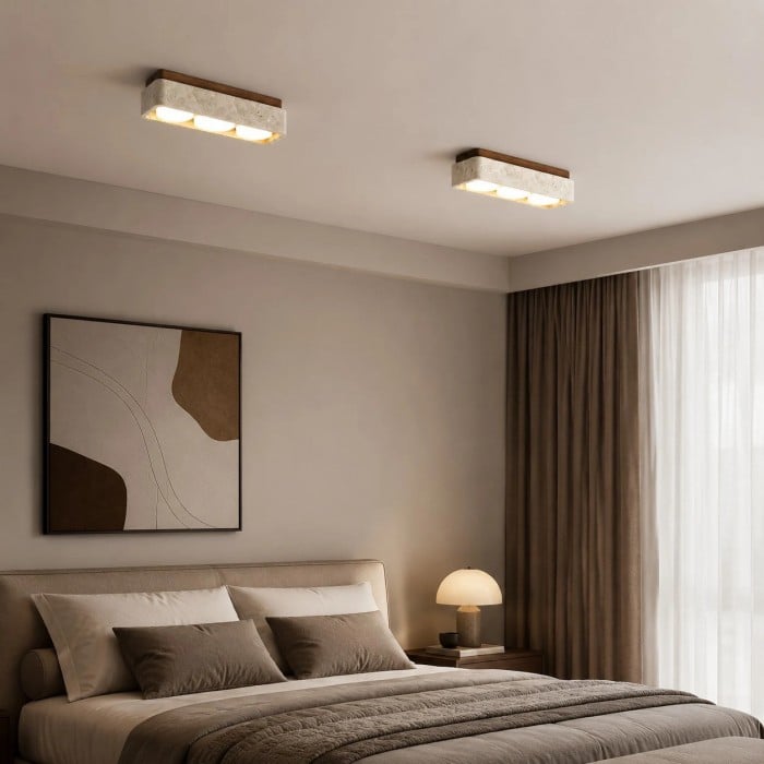 Vierkante plafondlamp van travertijn met houten plafondplaat HL3713