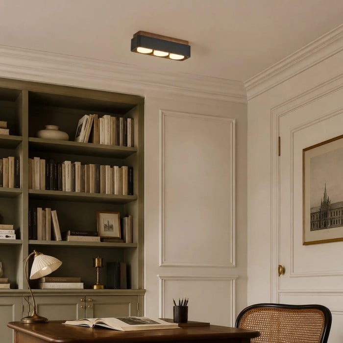 Vierkante plafondlamp van travertijn met houten plafondplaat HL3713