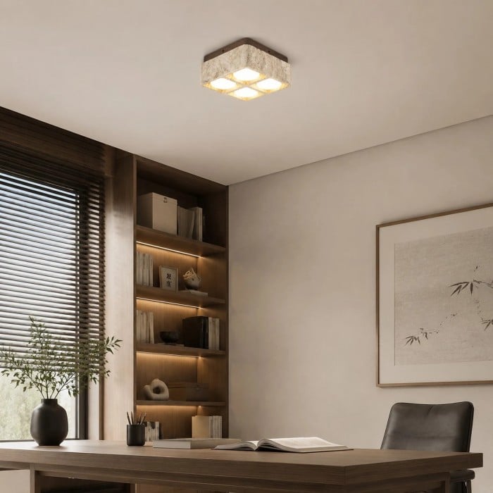 Vierkante plafondlamp van travertijn met houten plafondplaat HL3713