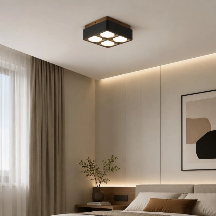 Vierkante plafondlamp van travertijn met houten plafondplaat HL3713