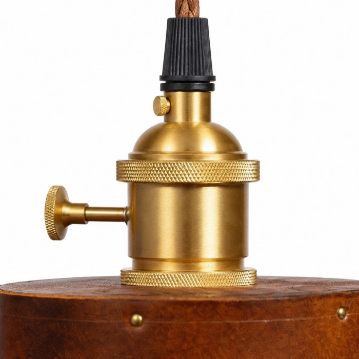 Vintage bruine leren cilindervormige hanglamp met messing fitting HL3678