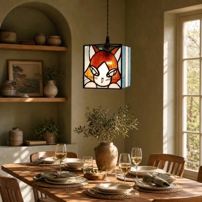 Vintage Cat Stained Glass Pendant Light HL3707
