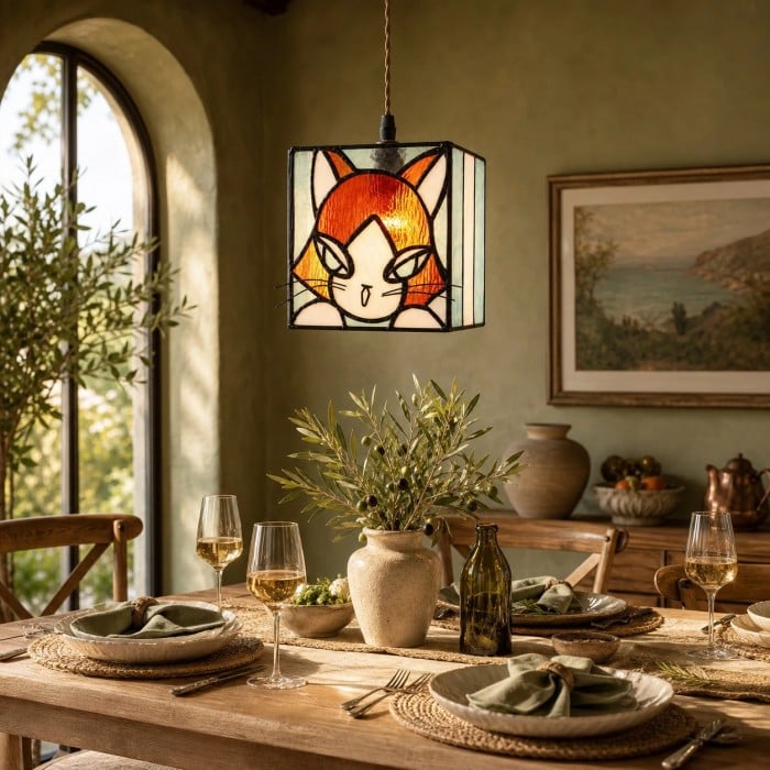 Vintage Cat Stained Glass Pendant Light HL3707