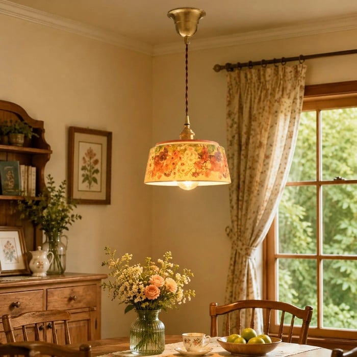 Vintage-Pendelleuchte aus Keramik mit Blumenmuster HL3939
