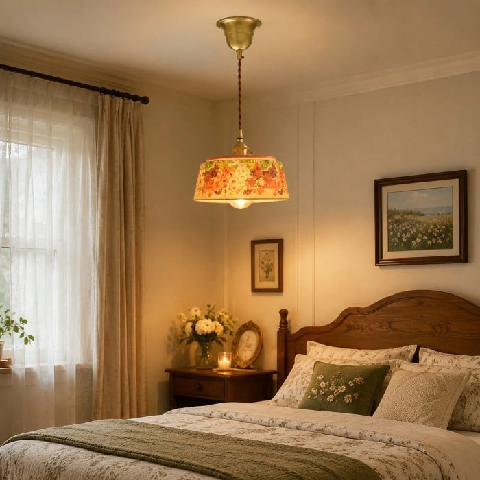 Vintage-Pendelleuchte aus Keramik mit Blumenmuster HL3939