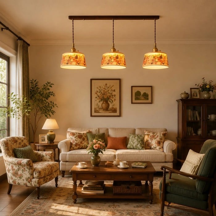 Vintage-Pendelleuchte aus Keramik mit Blumenmuster HL3939
