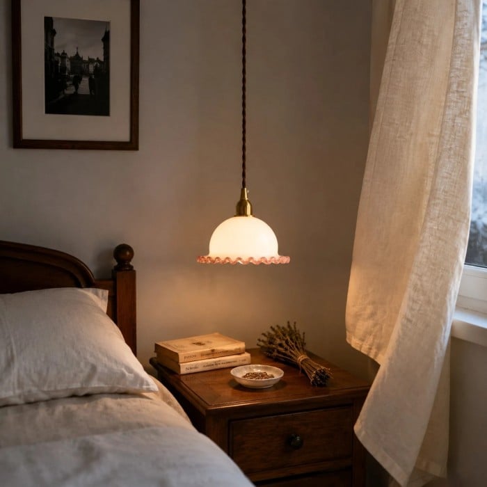 Vintage Franse hanglamp en plafondlamp met gegolfd glas HL3843