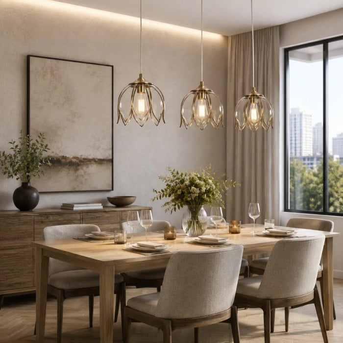 Vintage Lotus Glass Pendant Light with Brass-Tone Frame HL3813